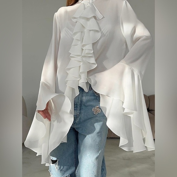 Commense Tops - NWT Commense Semi-sheer Chiffon Ruffled Trim Blouse, White, Small (C05)​